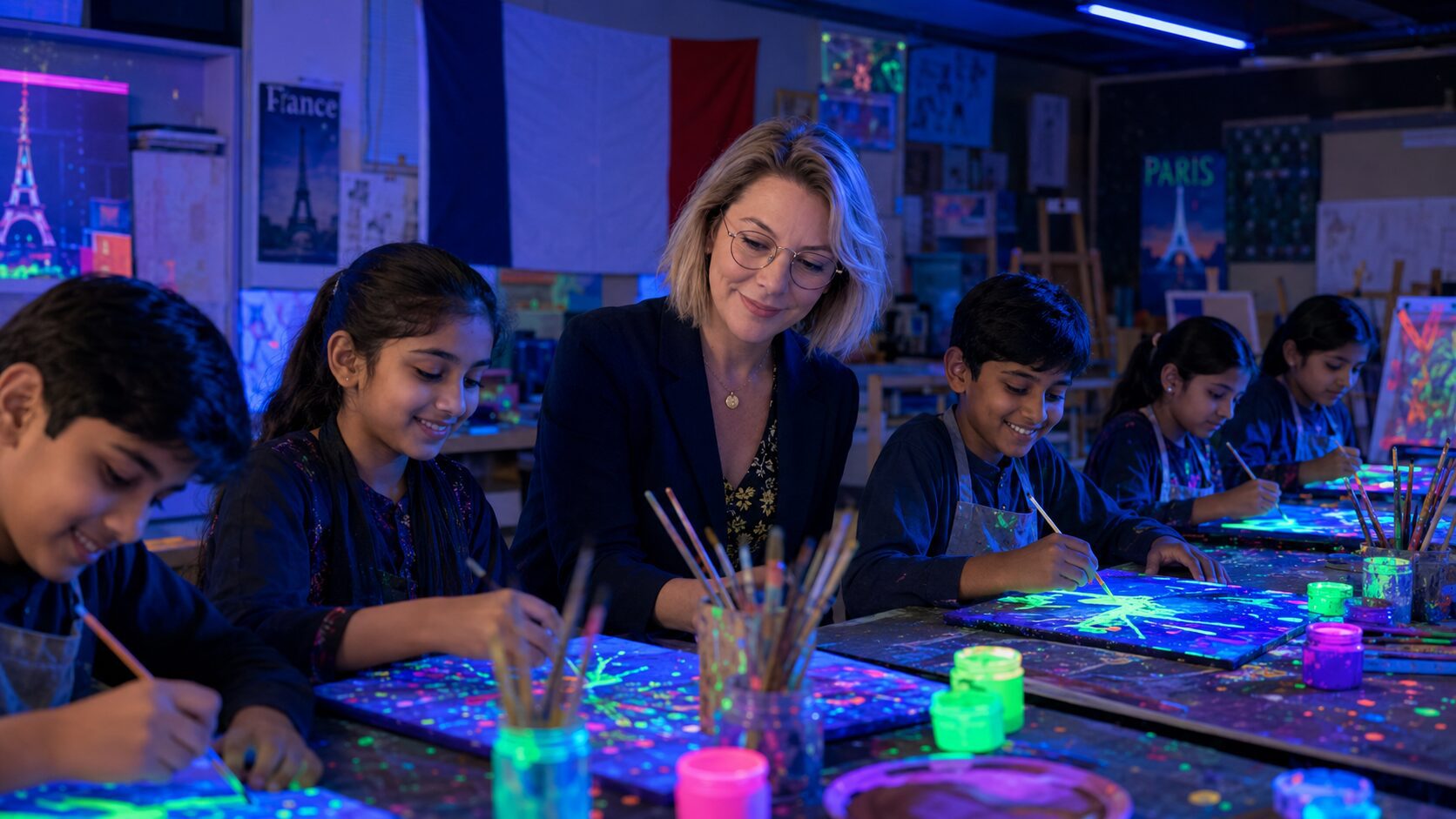 Children painting with glowing neon colours in a French-themed art studio