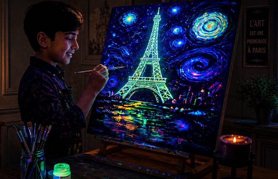 Child painting a glowing Eiffel Tower artwork under UV light